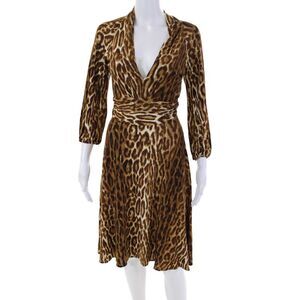 Y Yigal Womens V-Neck Peasant Sleeve Animal Print Waist Tied Dress Brown Size 1